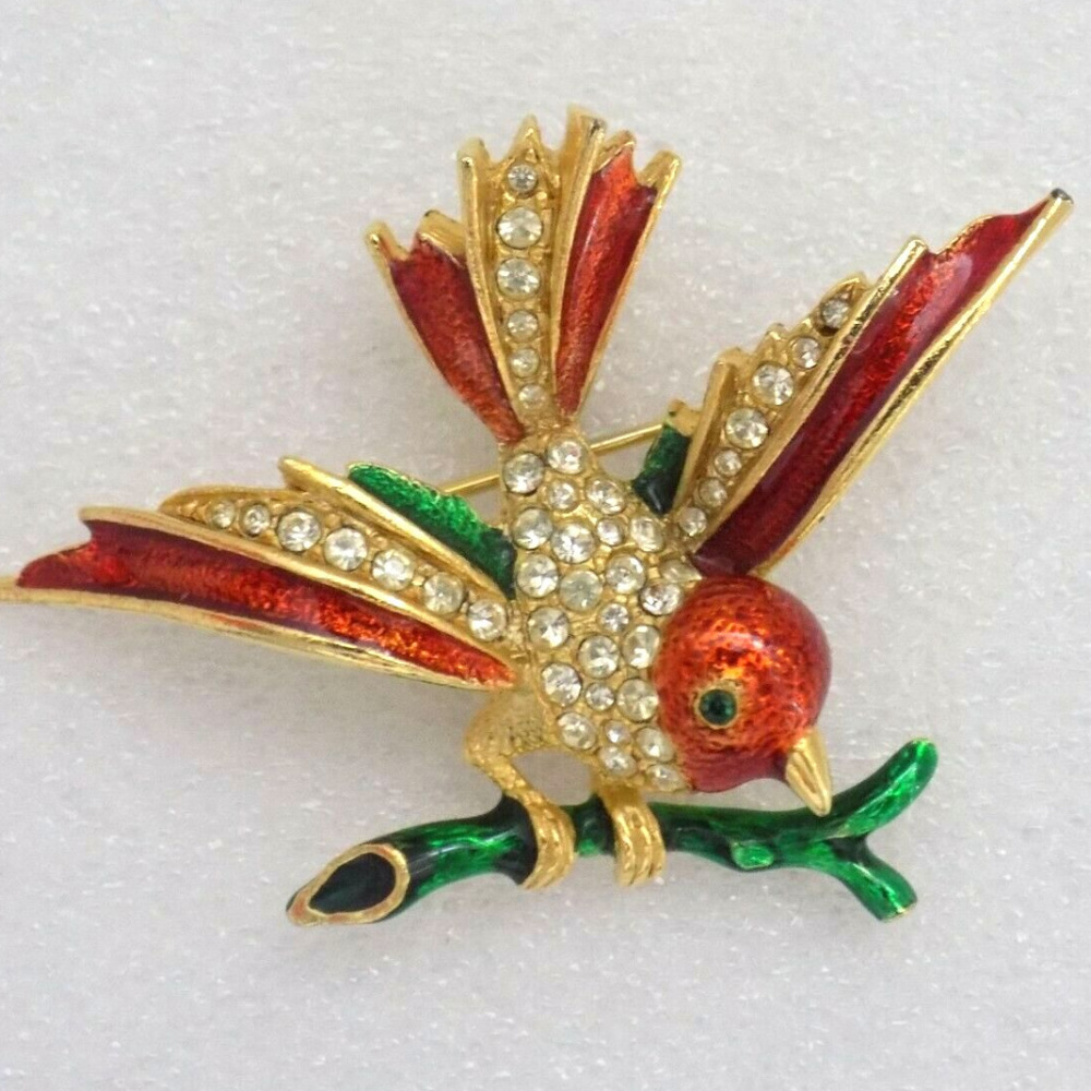 Giovanni Red Enamel Rhinestones Bird Brooch pin